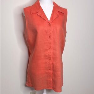 Ishyu Sleeveless Orange Linen Button Down Long Top. Hemstitch Details. Large
